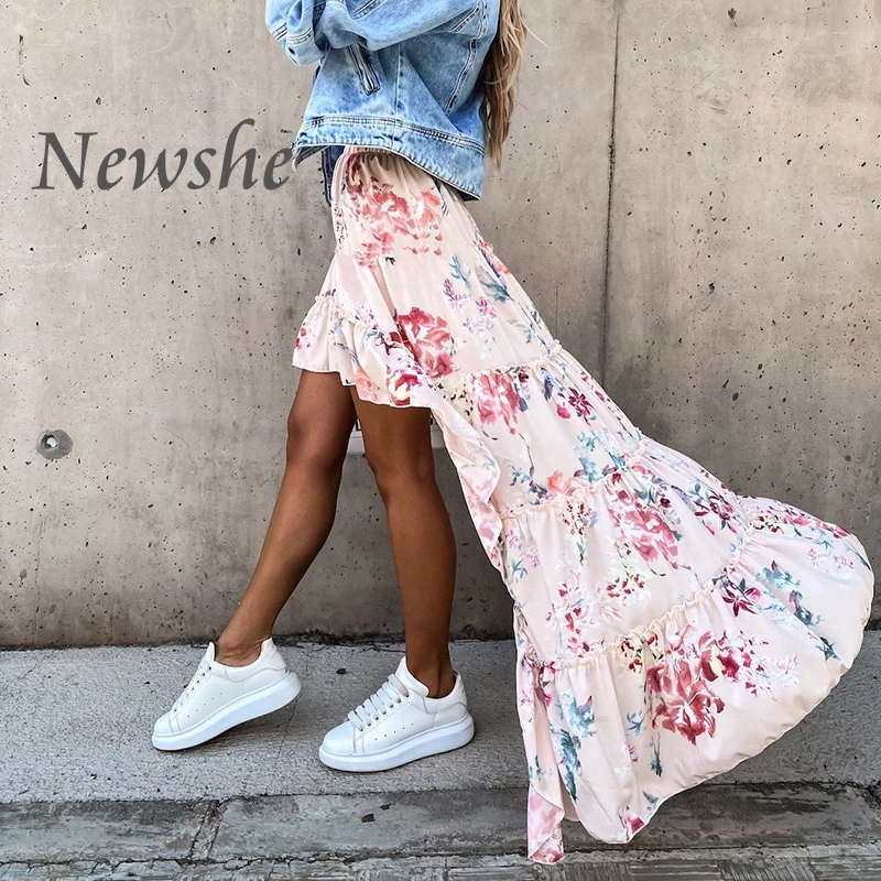 

Romantic Fashion Bohemian Irregular Women Long Skirt Summer Beach Style Floral Printed High Waist Casual Skirt 2021 Large size