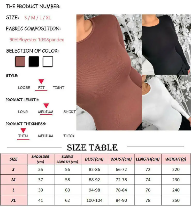 

Women Bodysuits Slim Long Sleeve Bodysuit Leotard Tops Blouse Jumpsuit Rompers Solid Color