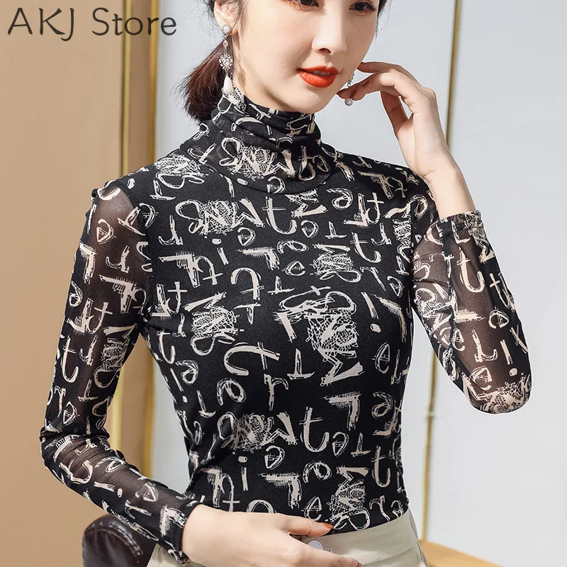 

2021 Women Spring Letters Print Sheer Mesh High Collar Basic Top Plus Size 4XL