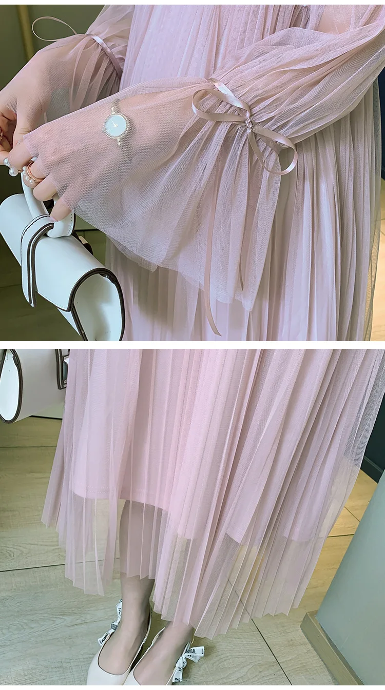 

Maternity dresses high waist sequined maternity gown pregnant women's long sleeve mesh fairy clothes pregnancy pleated dress