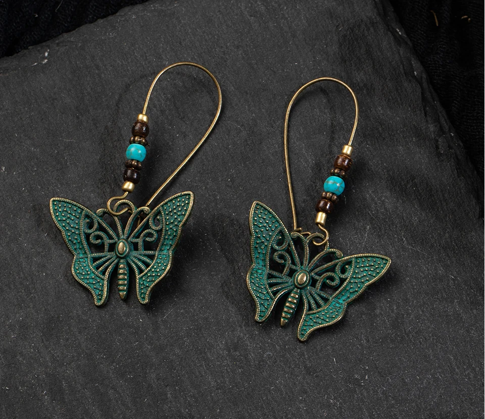 Boho винтажные античные длинные висячие серьги с зеленой бабочкой для женщин za модный подарок для свадьбы индийские аксессуары и украшения