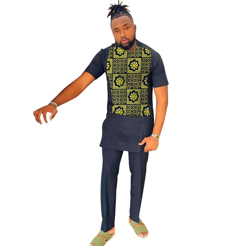 

Black Cotton Men's Garments Short Sleeve Tops+Pant African Festival Male Suits Wedding Party Wear Customized