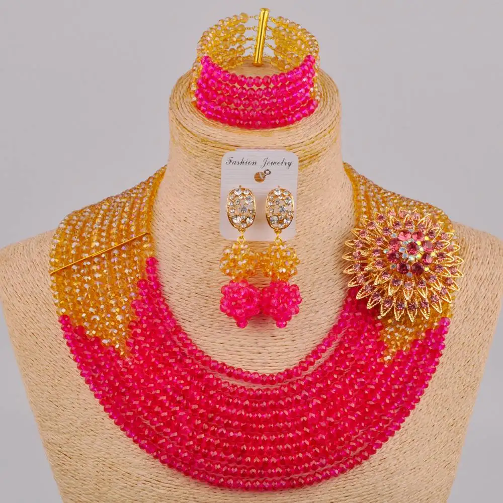 

Pretty Champagne Gold AB and Fuchsia Pink Crystal Bead Necklace Costume African Jewelry Set Nigerian Wedding Jewellery DSJ-04