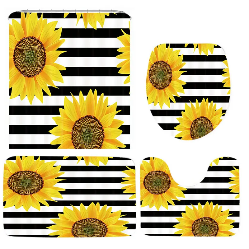 

Stylish Black White Striped Sunflower Shower Curtain and Rug Set Sunflower Bathroom Curtains Bath Mat Carpet for Toilet Decor