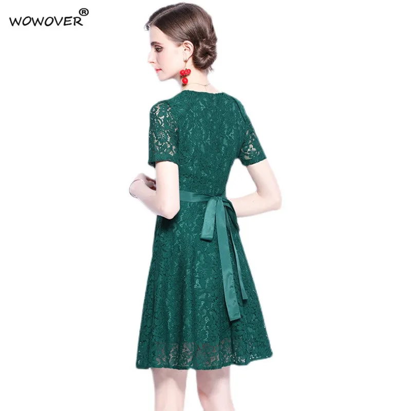 

Fashion Summer Clothes 2021 Designer Runway Short Sleeve Hollow Out Green Lace Dresses for Women Lady Elegant Party Casual Robe