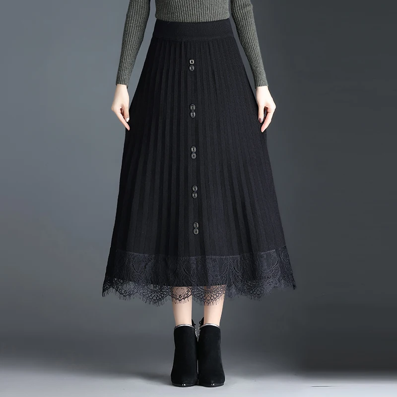 

Knitted Lace Patchwork Pleated Skirt For Women Winter Elastic High Waist Fashion Slim Warm Skirt Chic Long Skirt Femme