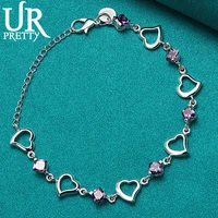urpretty 925 sterling silver love heart purple aaa zircon bracelet chain for women engagement wedding charm jewelry