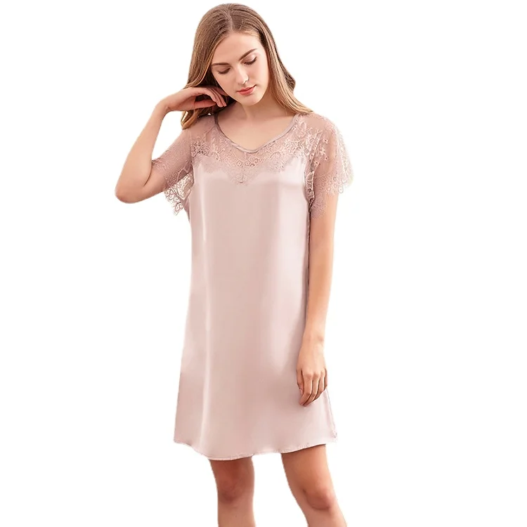 Large Size Housewear Short Sleeve Nightdress Women's Summer Ice Bathrobe Lace Lady Nightgown Sexy Sleepwear Female Sleeping Wear