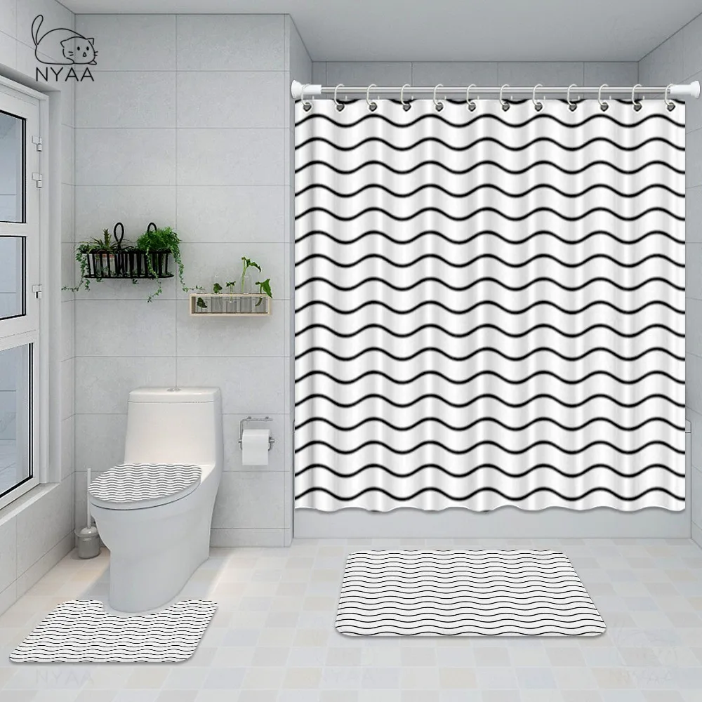 Набор для ванной комнаты NYAA с геометрической линией белые и черные абстрактные