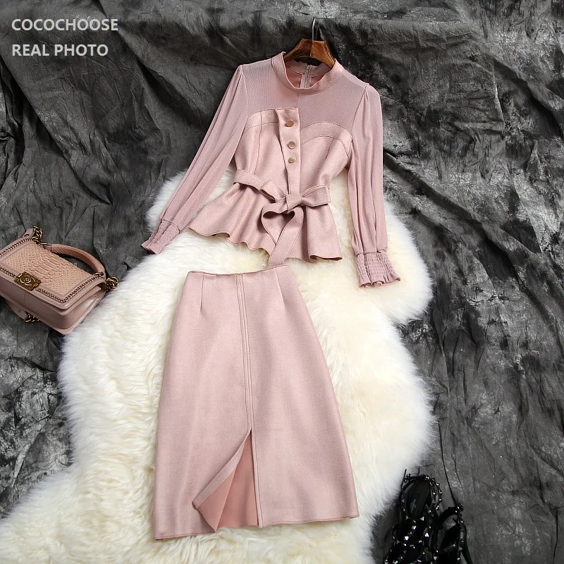 pink Женский замшевый комплект из двух предметов, офисный OL, новинка, Осень-зима, водолазка в стиле пэчворк, сексуальные топы+ юбки-карандаш, костюмы, синий, бежевый, розовый - Цвет: pink
