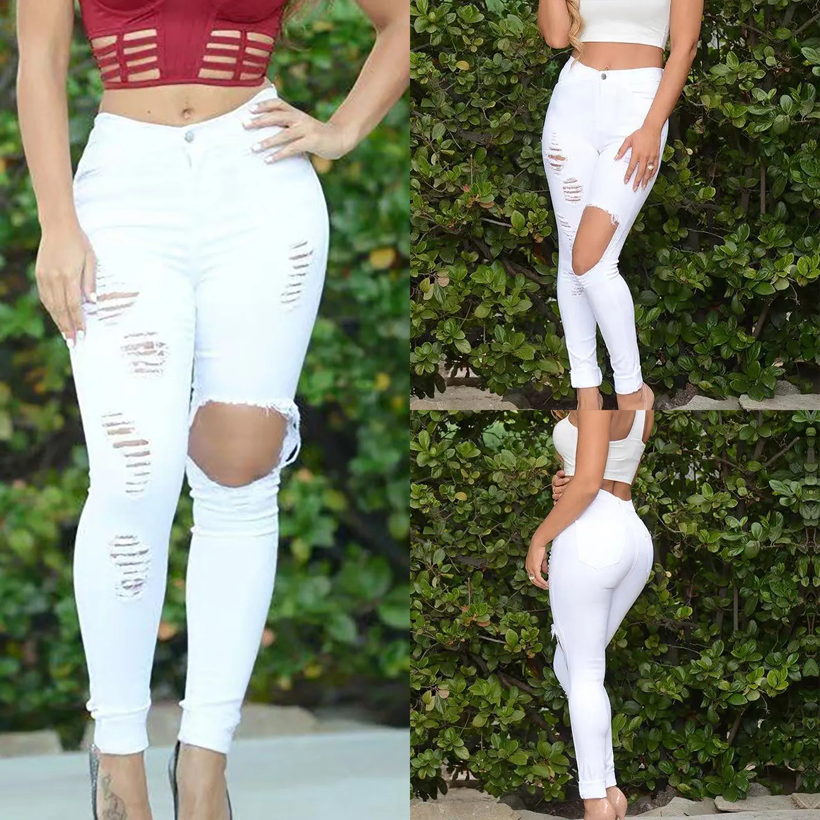 

Summer Casual Streetwear Women Fashion Solid Button Pants High Waist Pocket Jeans Trousers Hole Denim Pants