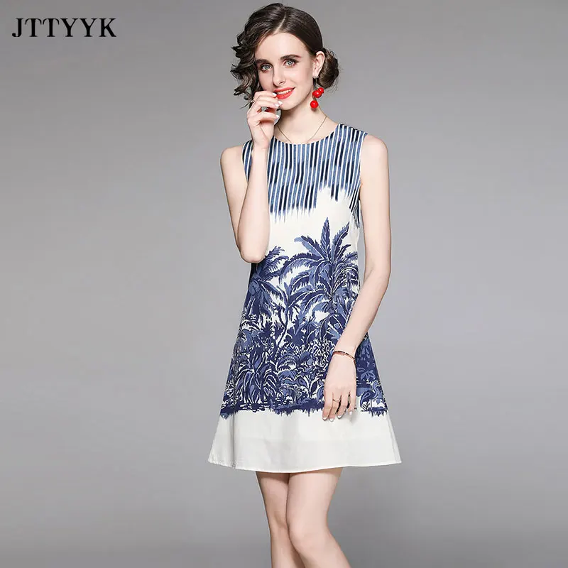 

O Neck Striped Dress Sleeveless Summer 2021Women Fashion Mini Sexy Woman Dress Elegant Print Flower Dresses Vestidos Sundress