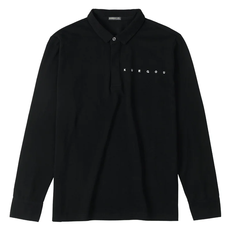 

KUEGOU 2021 Autumn Cotton Embroidery Black Polo Shirt Men Casual Long Sleeve Slim Poloshirt Male Brand Plus Size Clothes 88105