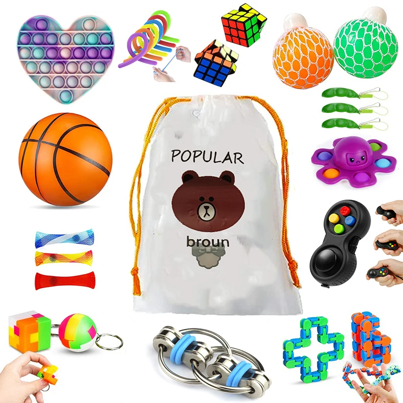25pcs Fidget Toy Set Anti Anxiety for Children Autism Squeeze Grape Ball Fidget Pad Push Bubble Strings Novelty Kids Gift
