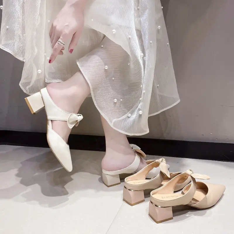 

Shoes Woman 2021 Square heel Rivet Med Pointed Toe Slippers Summer Heeled Mules Pantofle Butterfly-Knot Block Cover High New But