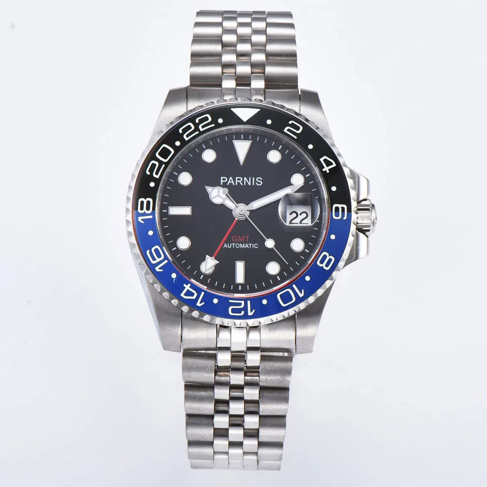 Мужские автоматические механические часы PARNIS черные/синие с сапфировым стеклом