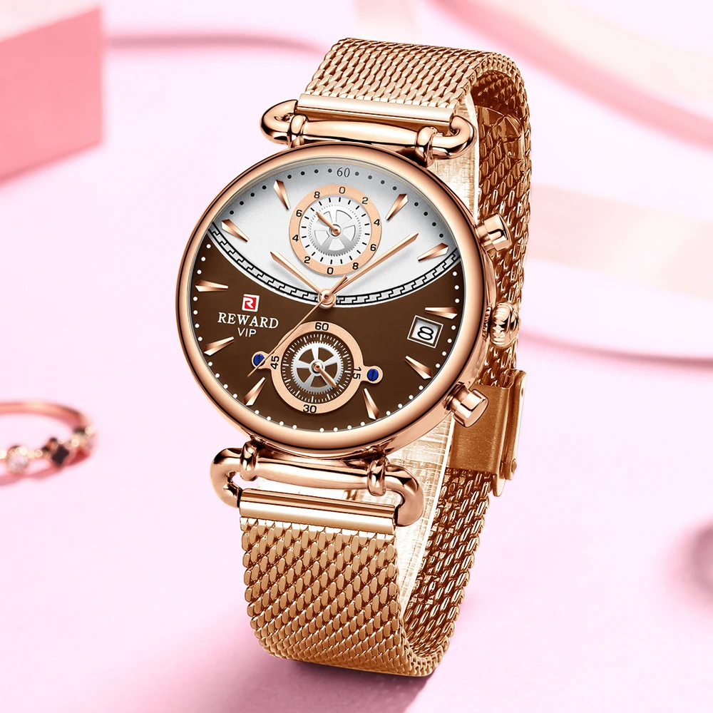 REWARD Women Watches Fashion Rose Gold Female Clock Business Quartz Watch Men Stainless Steel Waterproof Wrist Watch Relogio