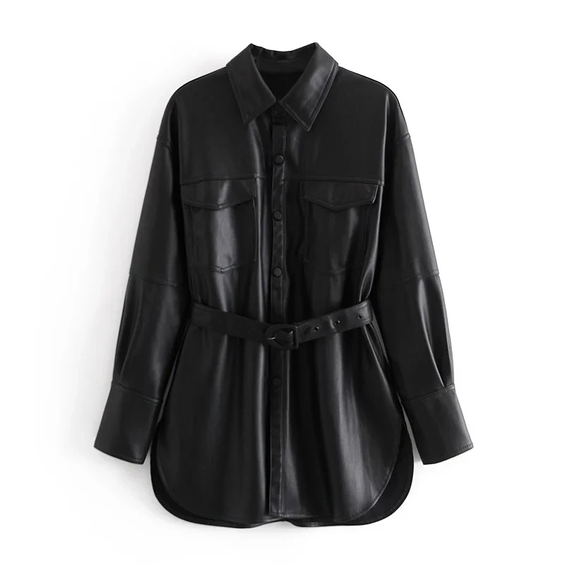 XNWMNZ Women 2020 Fashion With Belt Faux Leather Loose Jacket Coat Vintage Long Sleeve Pockets Female Outerwear Chic Tops