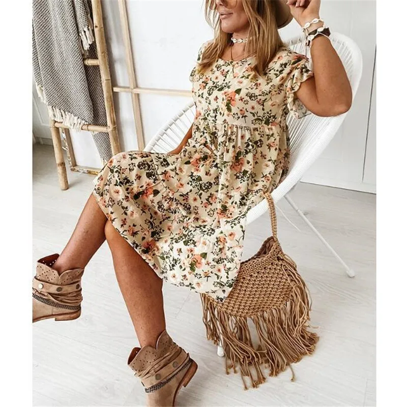 

Summer A-line Dress Women Short Sleeve Sexy Dresses Summer Floral Print Party Club Casual Boho Retro Short Dress Elegant Vestido