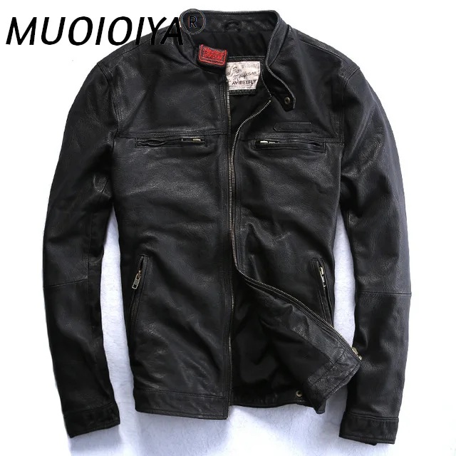 

New Black Vegetable tanning Goatskin Leather Jacket Men Genuine Fashion Slim Motorcycle Stand Collar Jackets Plus Size M-5XL