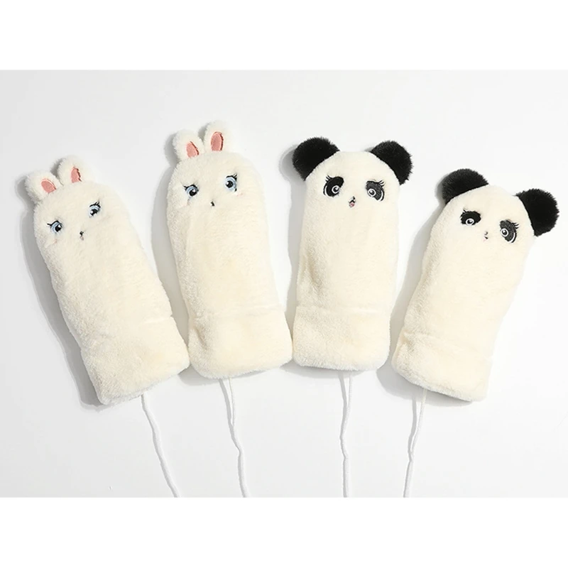 

Women Winter Fuzzy Fluffy Plush Full Finger Gloves with String Cartoon Panda Rabbit Embroidery Thermal Warm Mittens