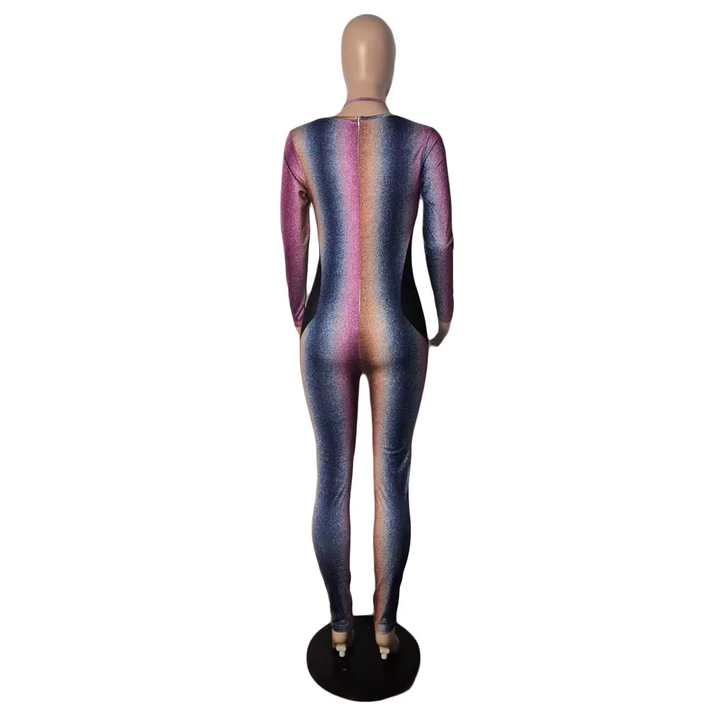 

Sexy Nightclub Style Women Jumpsuits Deep V-Neck Long Sleeve Skinny Side Mesh See Through Tie-dye Printing Pants Rompers Party