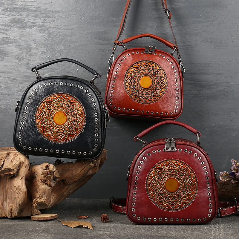 Women's bag 2021 new leather women's head round hole totem portable single shoulder |