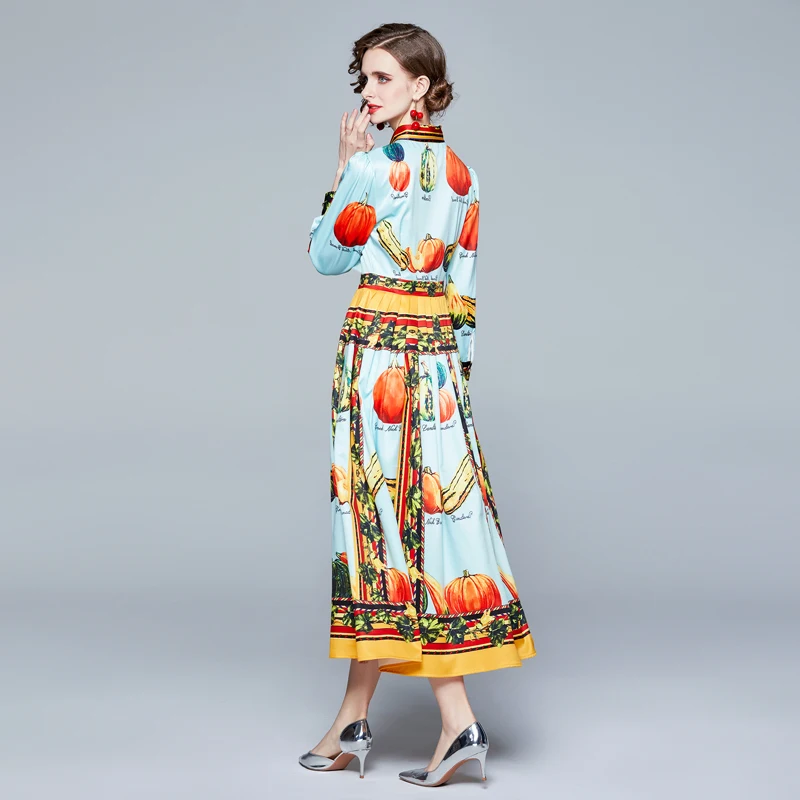 

Runway Designer 2021 Spring bow neck Dresses Women Long Sleeve Robe Fashion Print axi Dresses Vestdios