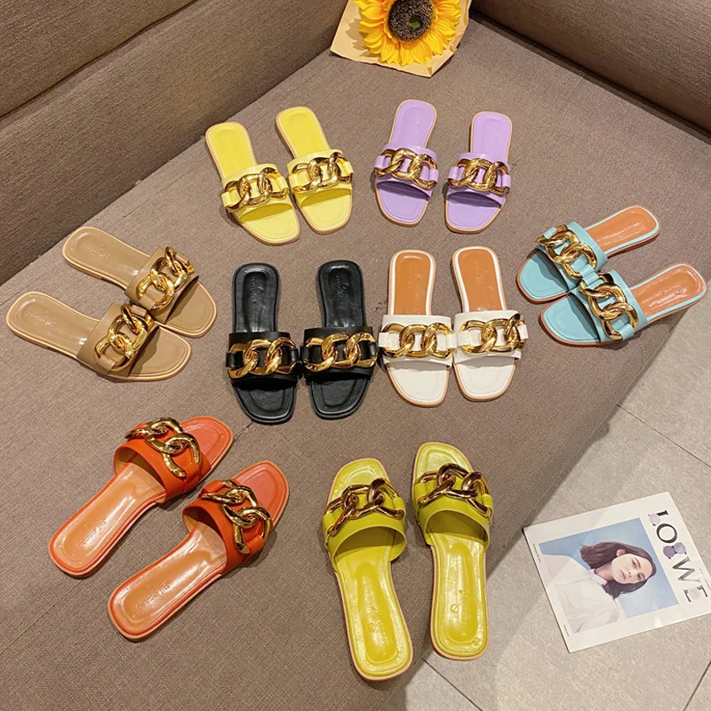 Сандалии женские на плоской подошве повседневные шлепанцы с металлической