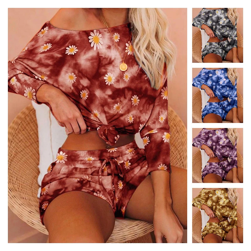 

Casual Ladies Pajamas Set Small Daisy Printed Tie-Dye Homewear-Yellow/Purple/Gray/Blue/Burgundy
