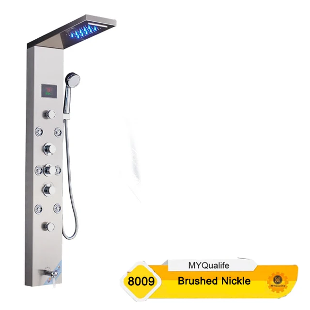 8009 Brushed Nickel Светодиодный светильник из нержавеющей стали, душевая панель, кран, настенный спа массажная система, душевая колонка, Цифровой температурный экран - Цвет: 8009 Brushed Nickel