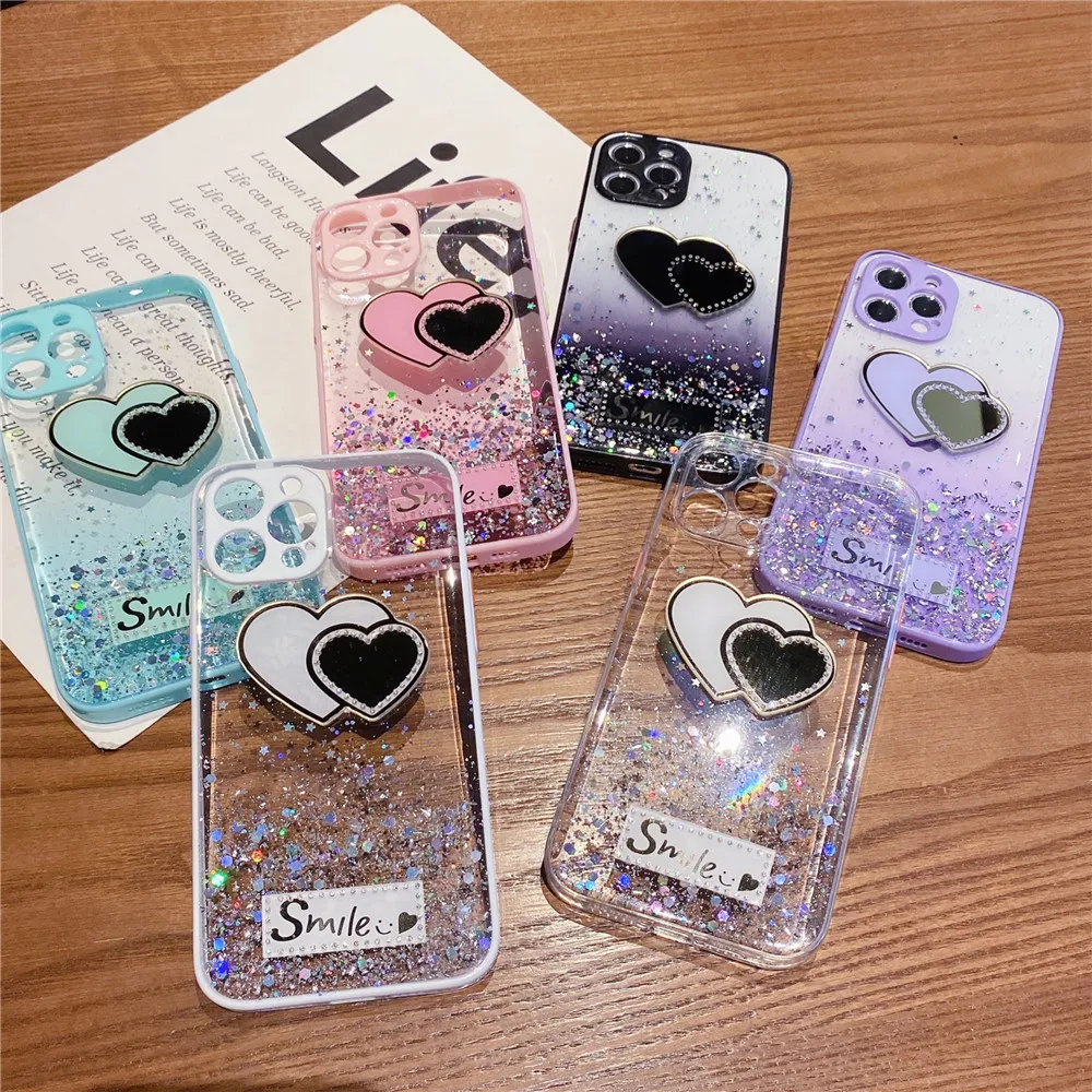 cute love heart mirror phone case for xiaomi redmi 9 9a 9c note 9s 8 9 10 pro mi note 10 lite poco x3 nfc m3 glitter soft cover free global shipping