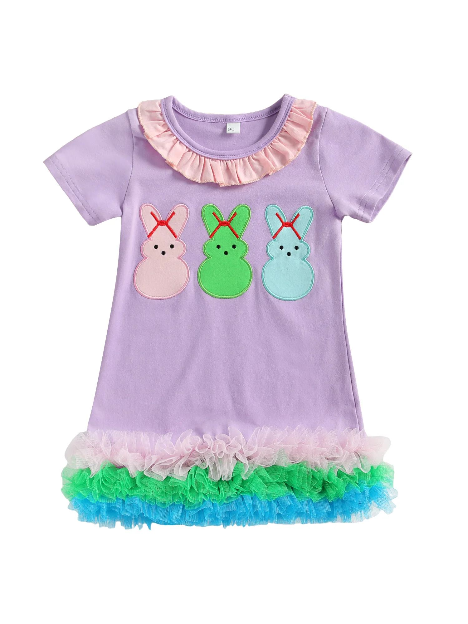 

Breathable Little Girls Easter Outfit, Children Summer Sweet Style Round Collar Short Sleeve Bunny Pattern Lace Hemline Dress