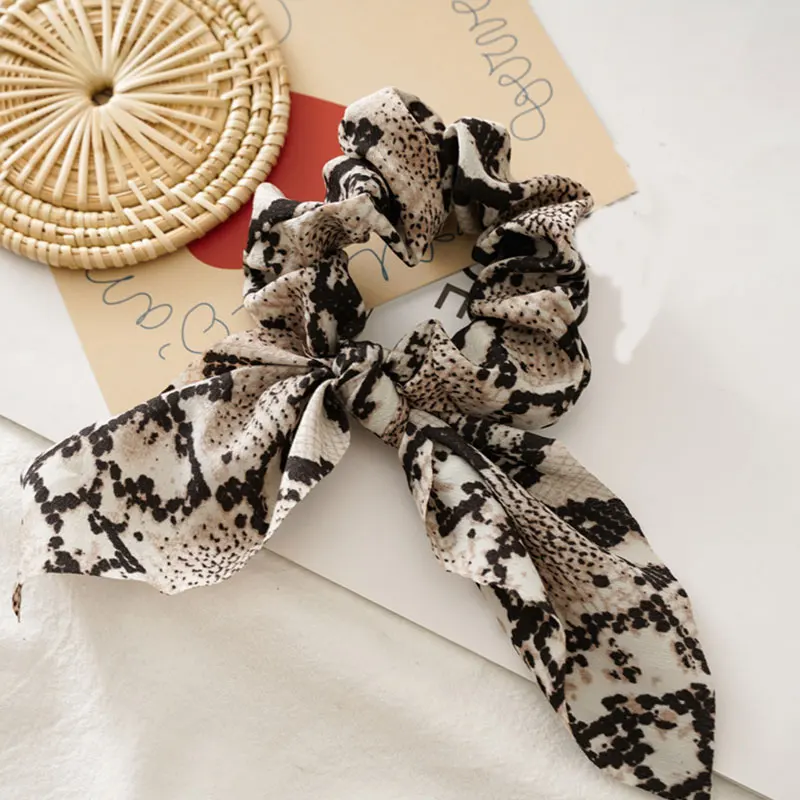 

Black Leopard Hair Ribbons Silk Hair Rope Women Fashion Scrunchies Rabbit Ears Knotted Hair Rope Bow Ponytail Holder Hair Ring