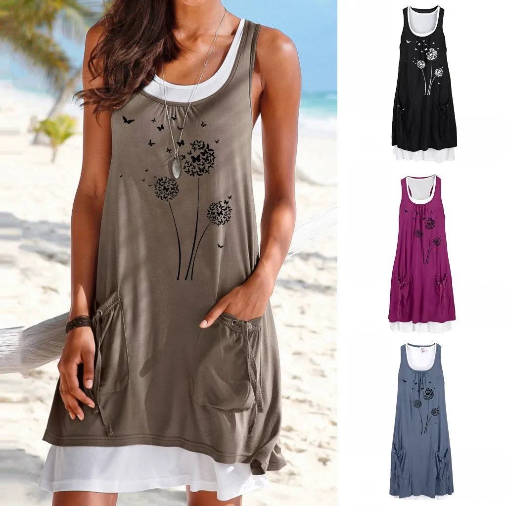 

Женское пляжное платье без рукавов, с цветочным принтом, с карманами