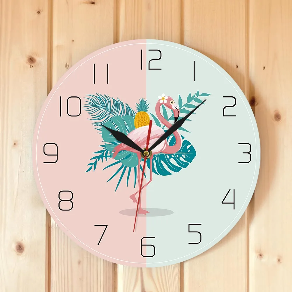 

Настенные часы с рисунком фламинго, винтажные круглые цветные тихие без тикания, на батарейках, с арабскими цифрами, дизайнерский Декор для ...