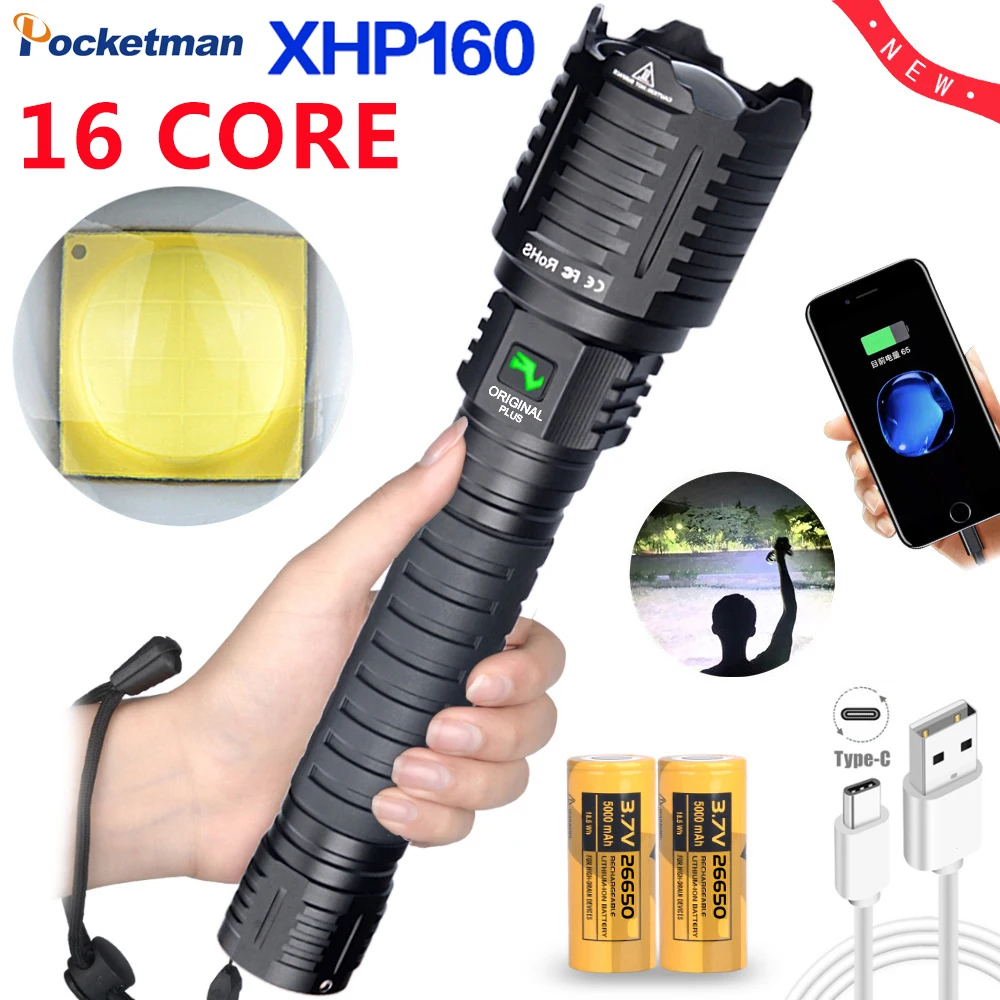 

16-Core Lamp Beads Powerful XHP160 LED Flashlight Waterproof Zoomable Torch Tactical Flashlight USB Rechargeable Camping Light