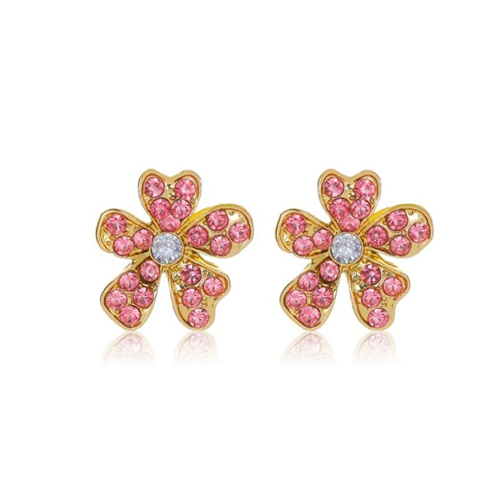 

New Sweet Crystal Flower Stud Earrings French Petal Rhinestone Pink Crystal Simple Stud Ear Jewelry Women Gift