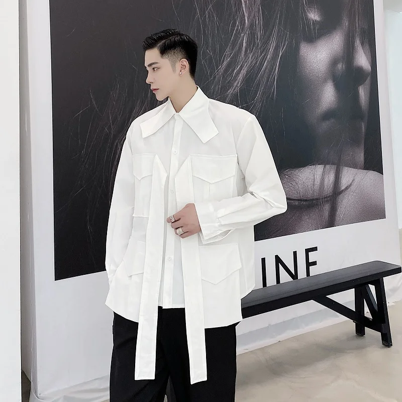 Men's Long-Sleeve Shirt Spring And Autumn New Style Personality Ribbon Fashion Men's Leisure Loose Large Size Shirt
