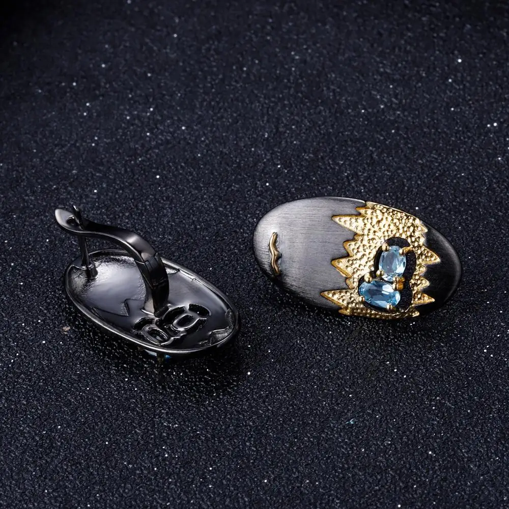 Серьги гвоздики женские из серебра 925 пробы с натуральным голубым топазом