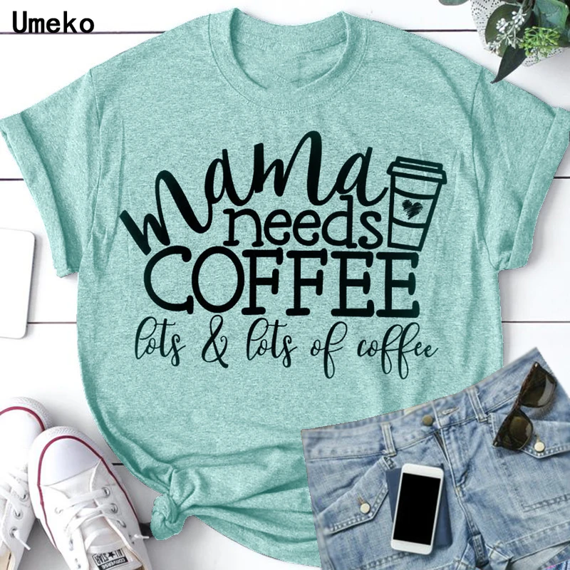 Женская зеленая футболка с надписью Mama needs coffee летняя короткими рукавами и