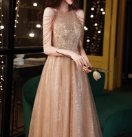 2022 champagne gold prom dresses halter a line floor length woman wedding party night sparkly sequin beaded evening gowns new