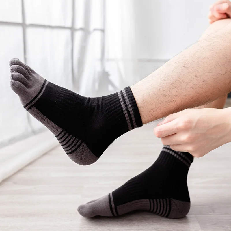 5 Pairs Five Fingers Terry Socks For Man Striped Thick Winter Thermal Warm Compression Athletic Sport Socks With Toes Hot Sell