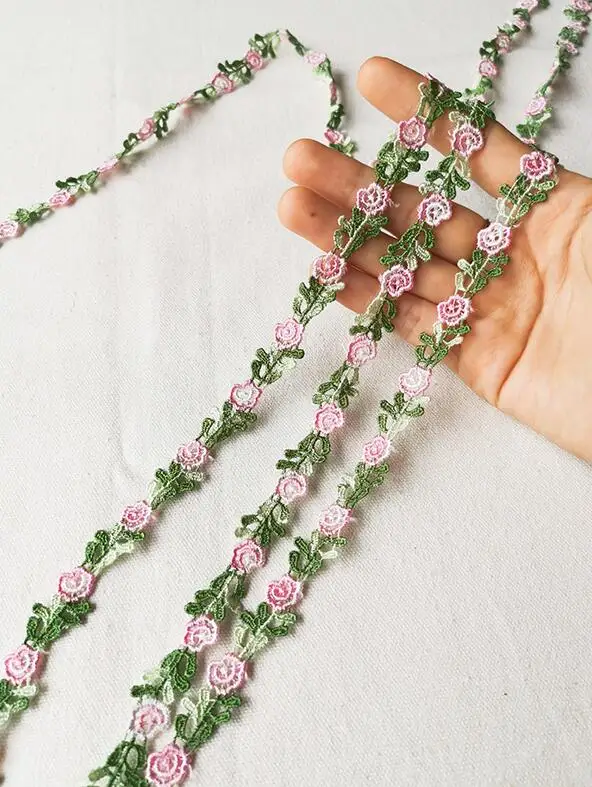 pink green 1.5cm 3 метра розовый красный зеленый полиэстер листья вышитая кружевная отделка Лента ручная работа по шитью ремесло для костюма украшение на шляпку - Цвет: pink green 1.5cm