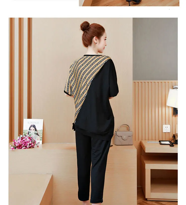 Комплект из 2 предметов размера плюс, большой 3XL, 4XL, 5XL, спортивный костюм для женщин, комплект в полоску, комплект из штанов и топа, летние костюмы