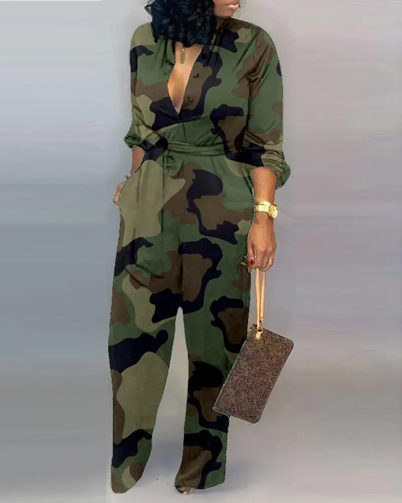 Women V Neck Camouflage Print Buttoned Jumpsuit Long Sleeve Rompers Party Club Jumpsuits