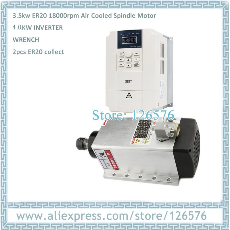 

GDZ105*102-3.5 Flange square shape 3.5kw air cooled spindle motor 18000RPM ER20 4 bearing with 4.0kw Frequency VFD Inverter