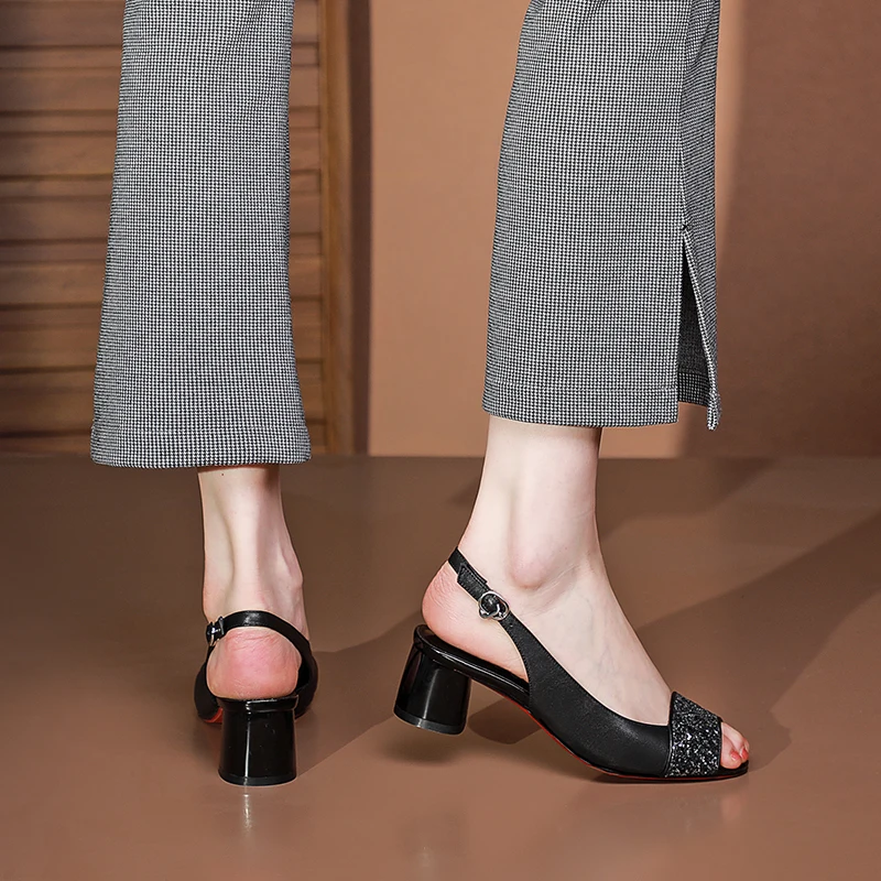 

GUIDIBASICGenuine Cow Leather Women's Sandals 2021WomenHeelsOne Word Buckle Back StrapFish Mouth High Handmade Custom 41-42 size