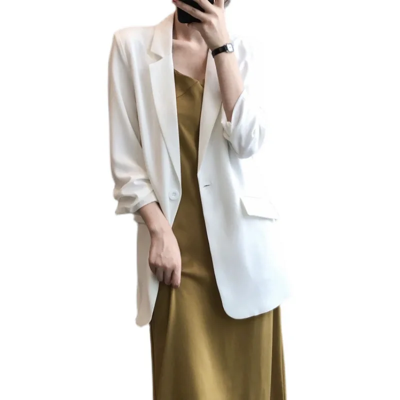 

TVVOVVIN Large Size Women Slim Casual Blazer Spring New Solid Color Long Sleeve Loose Mid-length Thin Coat F7U8