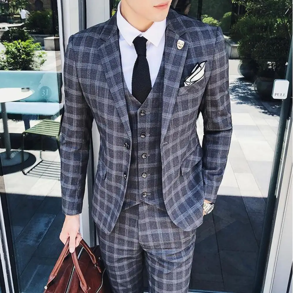 Mens Wedding Blue Slim Fit 3 Piece Checked Suits Single Breasted Vintage Fashion